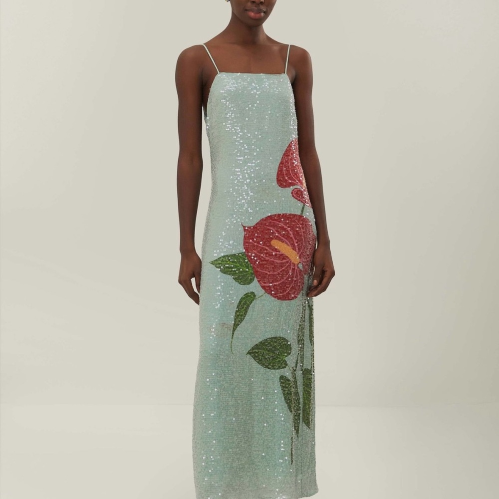 FARM Rio Sequin Maxi Dress in Mint Green and Red